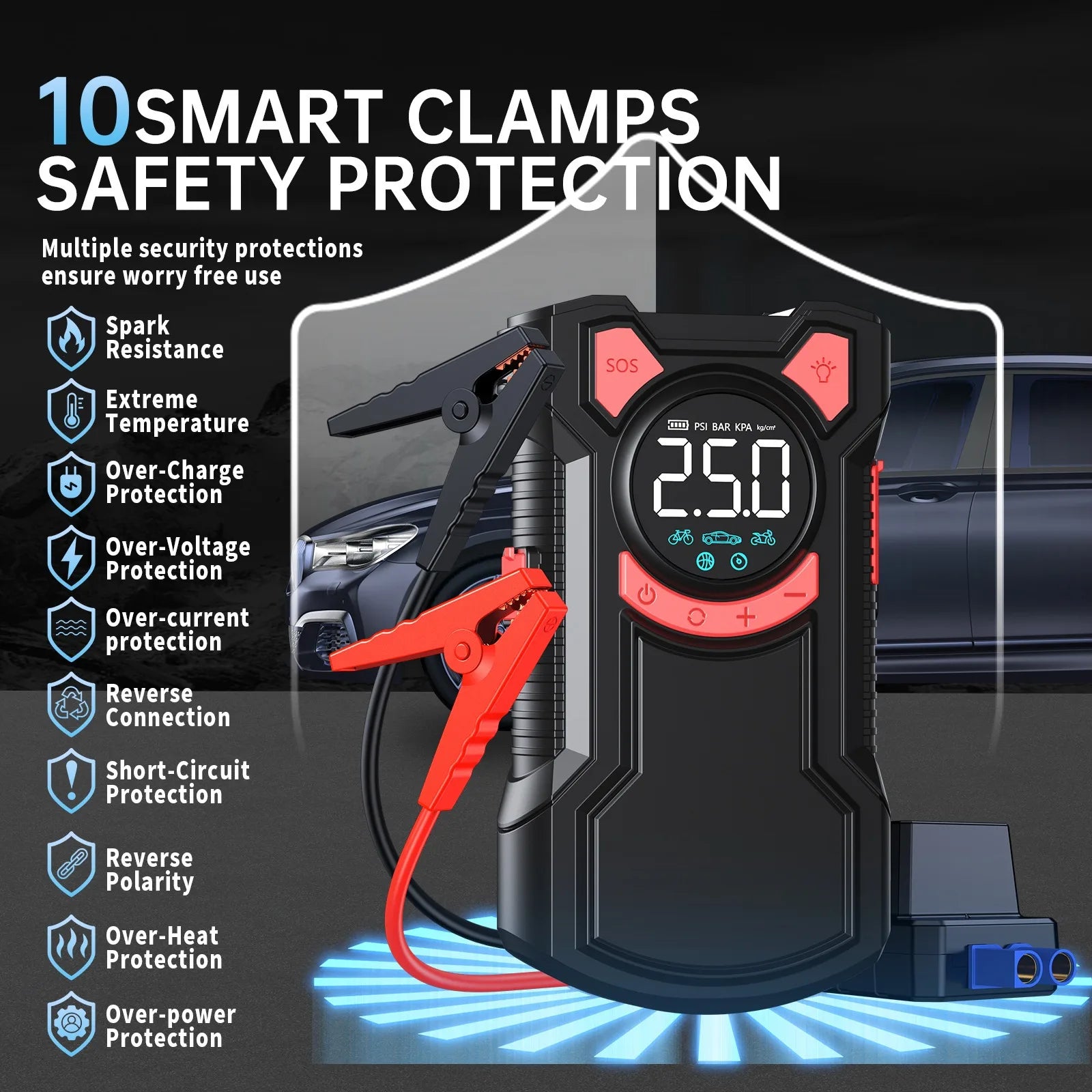 5-in-1 Jump Starter with Air Pump 3000A Peak Starter Box 150PSI Battery Pack with Digital Tire Inflator Car Battery Jump Starter RISE DEFENSE SYSTEMS.AI PRODUCTS