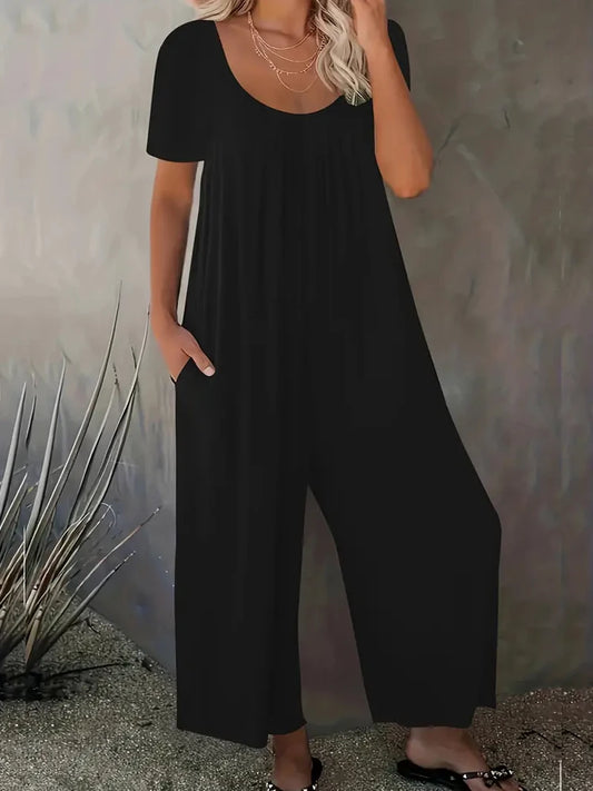 Summer Chic Solid Color Casual Jumpsuit Crew Neck Short Sleeve Wide Leg Long Pant with Pockets Versatile Outfit Women's Clothing RISE DEFENSE SYSTEMS.AI PRODUCTS
