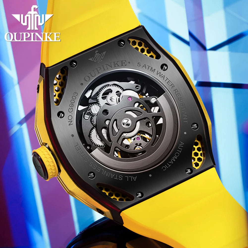 OUPINKE 9003 Hollow Automatic Mechanical Watch For Men Skeleton Flywheel Sport Men's Watches Silicone Strap Original Hand Clock RISE DEFENSE SYSTEMS.AI PRODUCTS