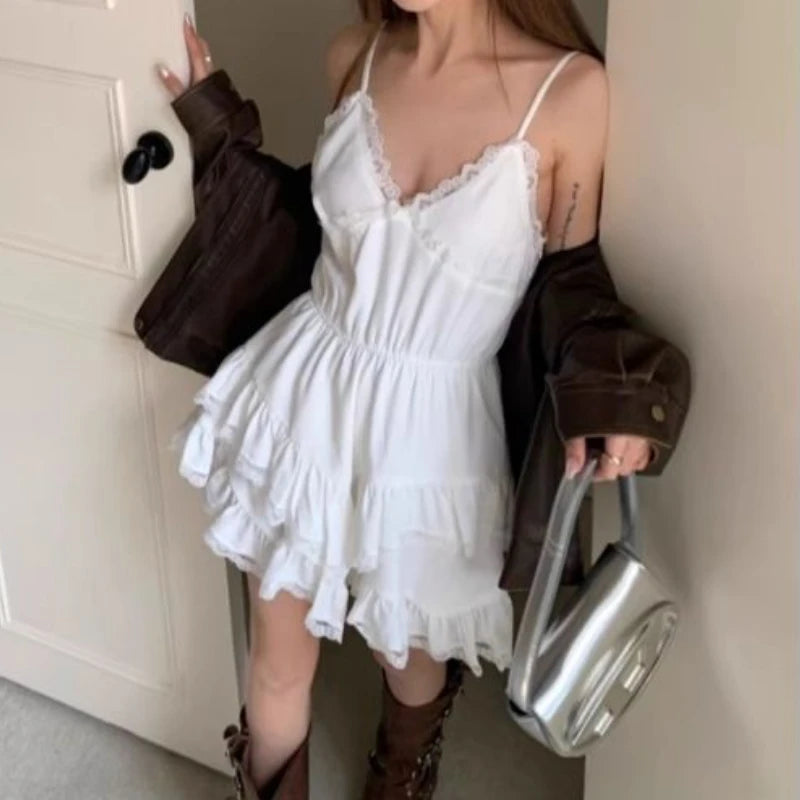 HOUZHOU Sweet Lace Mini Coquette Aesthetic Dress Women Korean Sexy One Piece Short Sleeveless Elegant Party Dresses Y2k RISE DEFENSE SYSTEMS.AI PRODUCTS