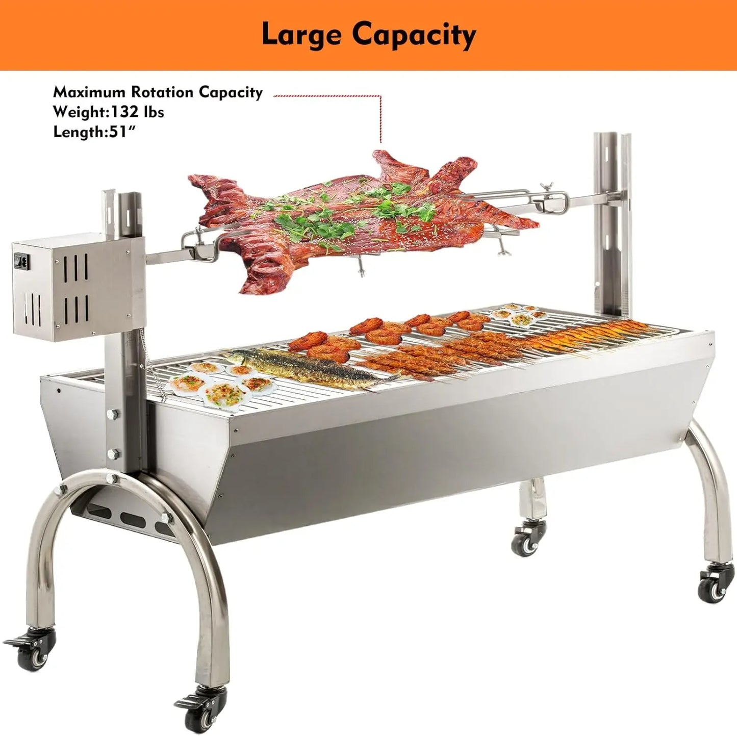 Wind Screen Roaster 51 Inch BBQ Outdoor Pig Lamb Rotisserie Roaster 132LBS/60KG Stainless Steel Charcoal Spit Rotisserie Roaster RISE DEFENSE SYSTEMS.AI PRODUCTS