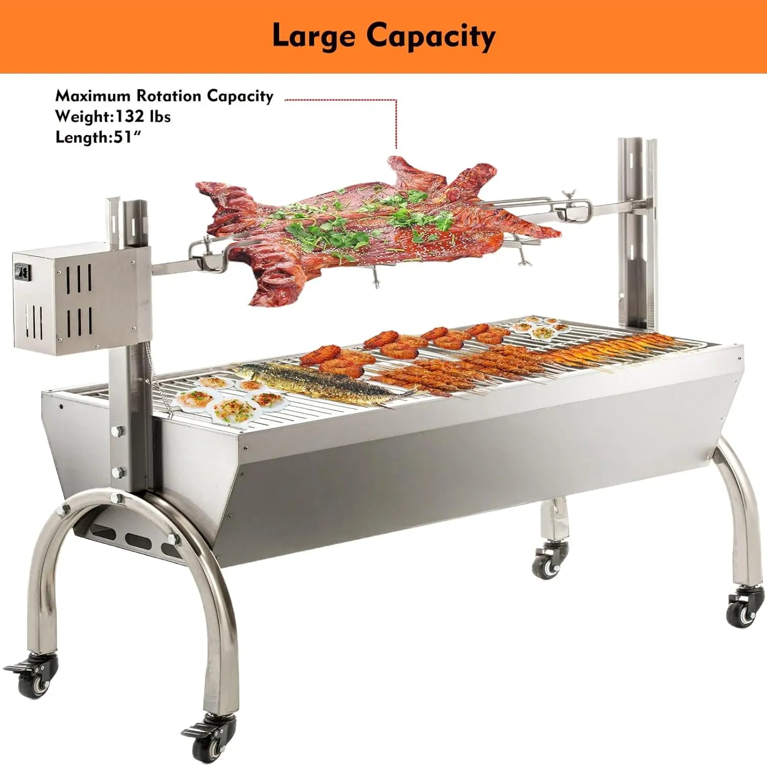 Wind Screen Roaster 51 Inch BBQ Outdoor Pig Lamb Rotisserie Roaster 132LBS/60KG Stainless Steel Charcoal Spit Rotisserie Roaster RISE DEFENSE SYSTEMS.AI PRODUCTS