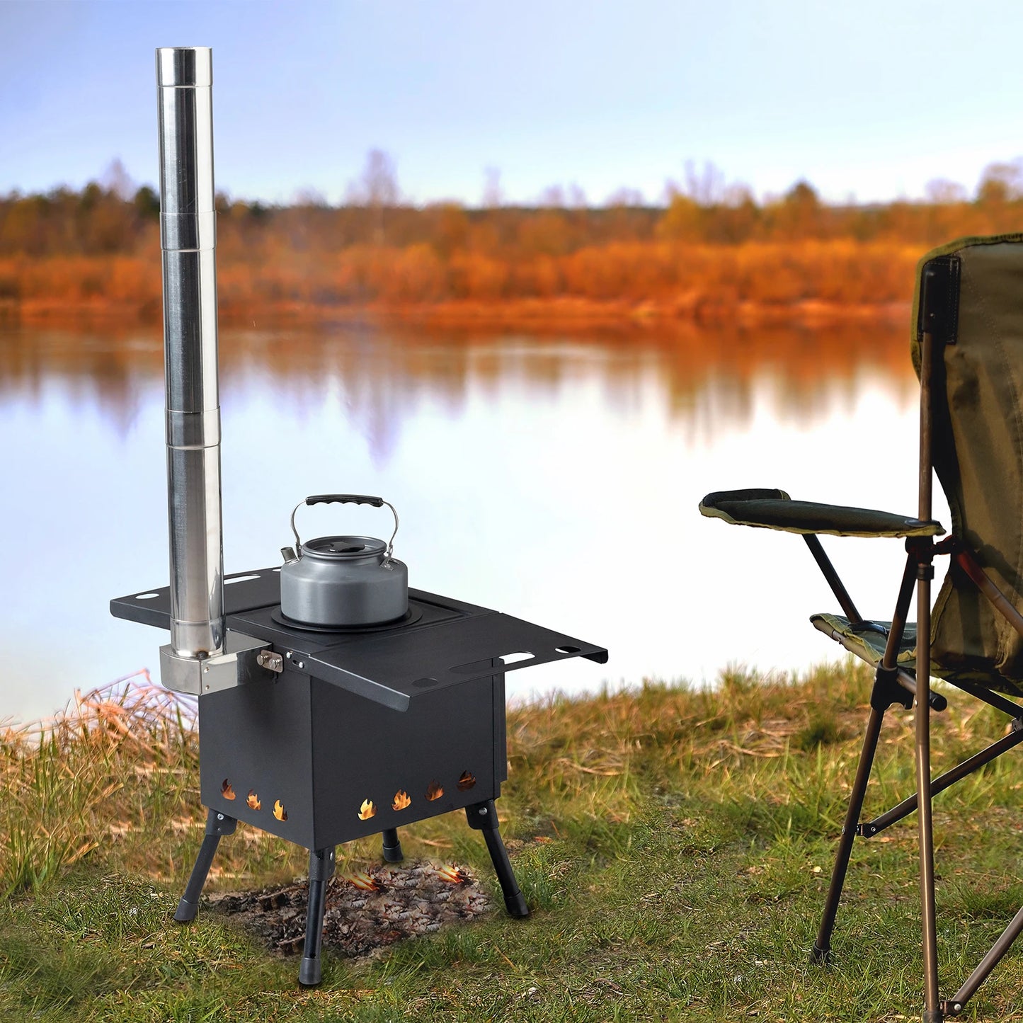 57.5*31*37cm black wrought iron panel with chimney camping stove N001 RISE DEFENSE SYSTEMS.AI PRODUCTS