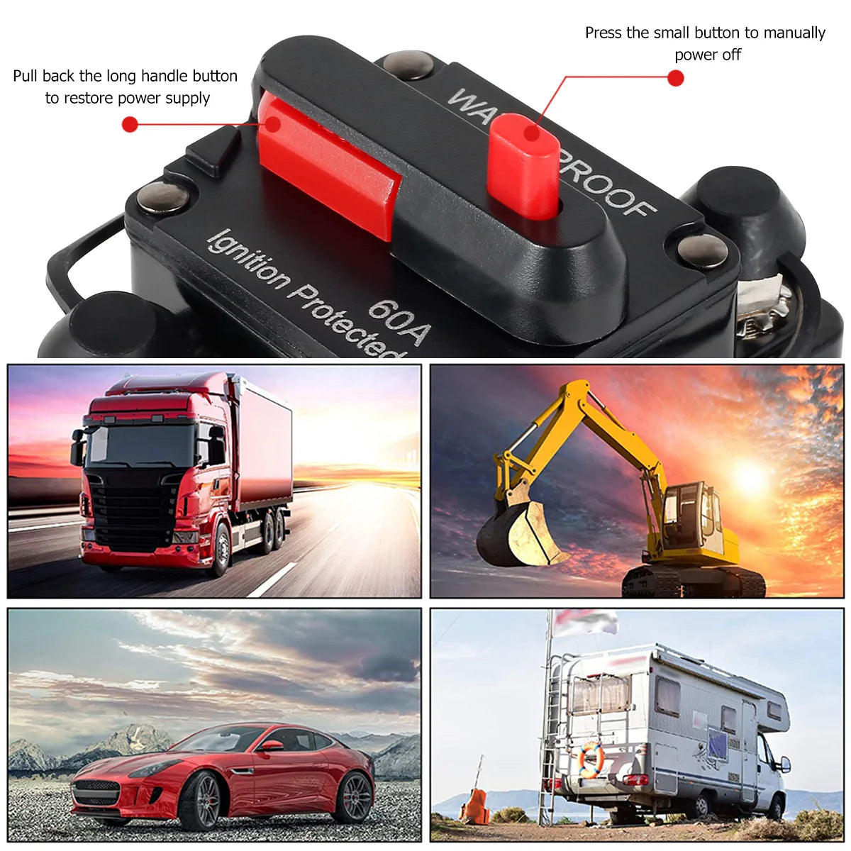 60Amp Circuit Breaker Waterproof Car Circuit Breaker DC12-48V Auto Fuse Reset Switch for Car Audio Amplifier Truck Boats RV RISE DEFENSE SYSTEMS.AI PRODUCTS