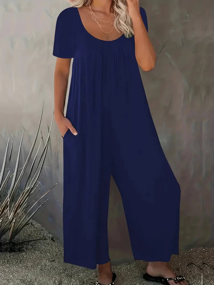 Summer Chic Solid Color Casual Jumpsuit Crew Neck Short Sleeve Wide Leg Long Pant with Pockets Versatile Outfit Women's Clothing RISE DEFENSE SYSTEMS.AI PRODUCTS