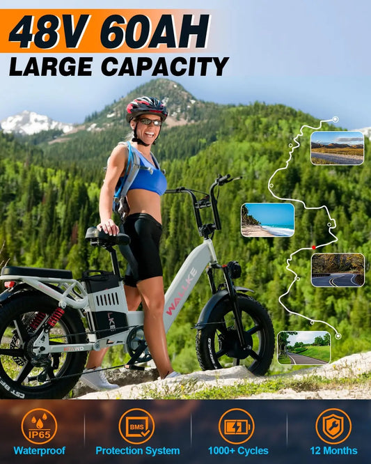 WALLKE H7 Electric Bike 40Ah/60Ah 1000W/2000W Ebike 20 Inch Fat Tire Electric Bicycle 31/34MPH Step Thru E-bike with APP Control RISE DEFENSE SYSTEMS.AI PRODUCTS