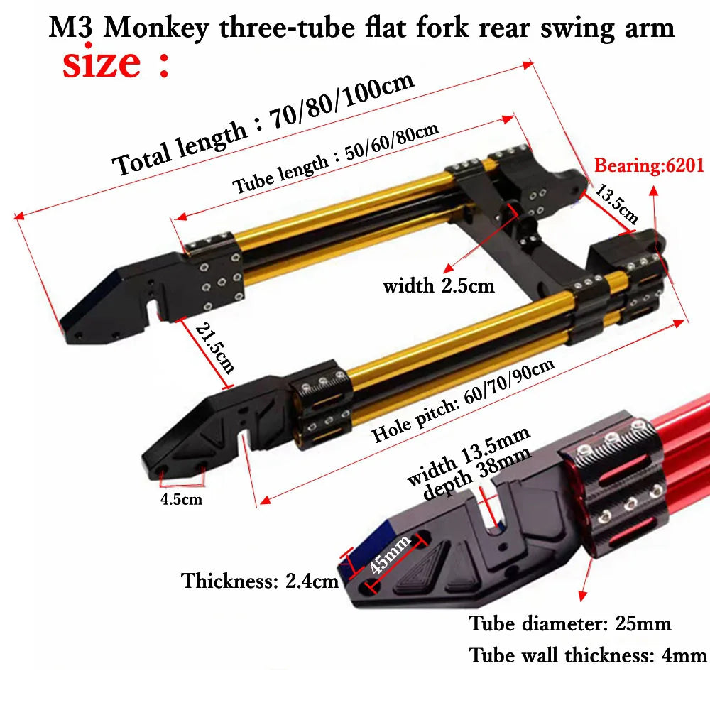 Electric Motorcycle Swing Arm New 3D CNC Adjustable 3-tube Water Pipe Rear Flat Fork Universal For M3 M5 M6 Little Monkey Modify RISE DEFENSE SYSTEMS.AI PRODUCTS