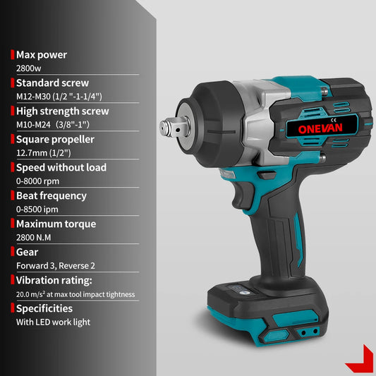 ONEVAN 1/2" Brushless Electric Impact Wrench 2800N.M Torque Removal Screw Nut Screwdriver Home Power Tool for Makita 18V Batte RISE DEFENSE SYSTEMS.AI PRODUCTS