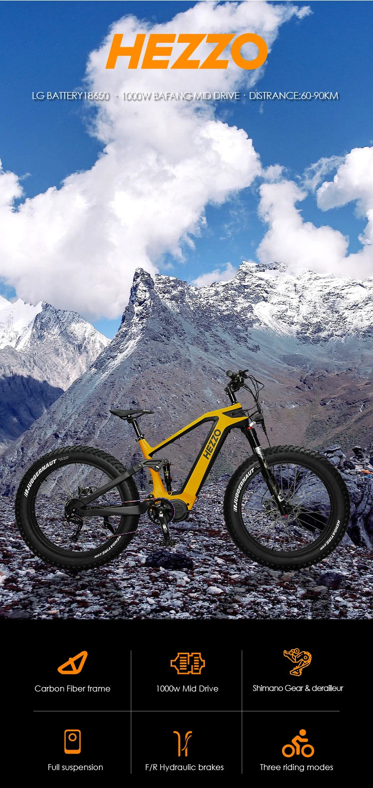 HEZZO 52V 1000W 21Ah Carbon Fiber Electric Bicycle BAFANG Middrive Ebike, 26x4.5 