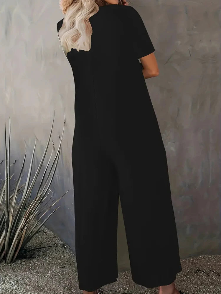 Summer Chic Solid Color Casual Jumpsuit Crew Neck Short Sleeve Wide Leg Long Pant with Pockets Versatile Outfit Women's Clothing RISE DEFENSE SYSTEMS.AI PRODUCTS