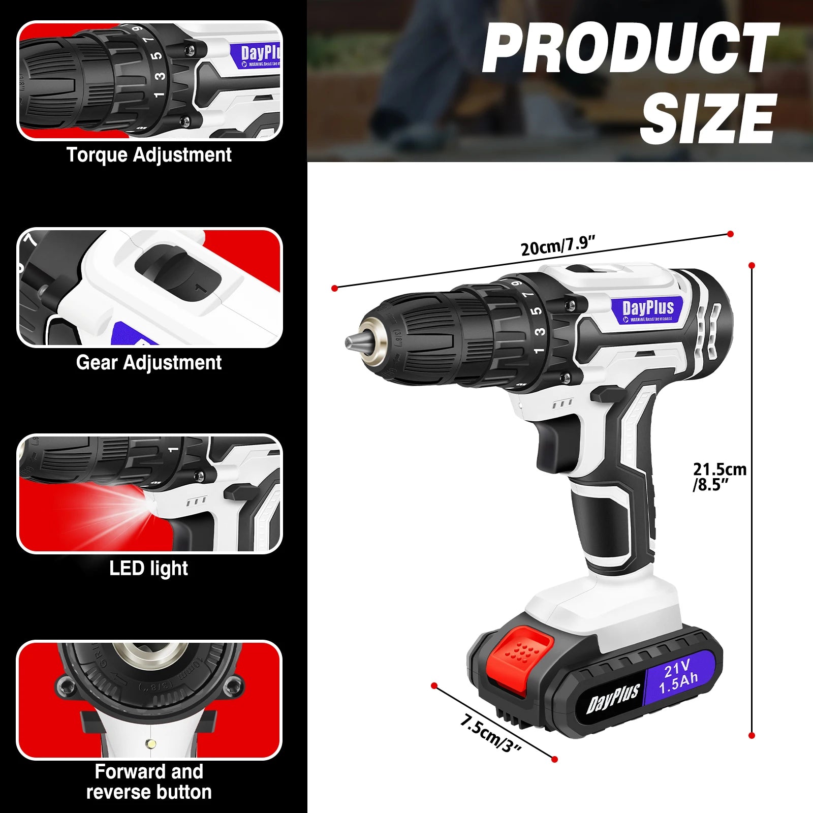 21V Portable Cordless Power Drill Set Impact Screw Driver with 1500mAh Li-Ion Rechargeable Battery 25+1 Torque Setting 45N.m RISE DEFENSE SYSTEMS.AI PRODUCTS