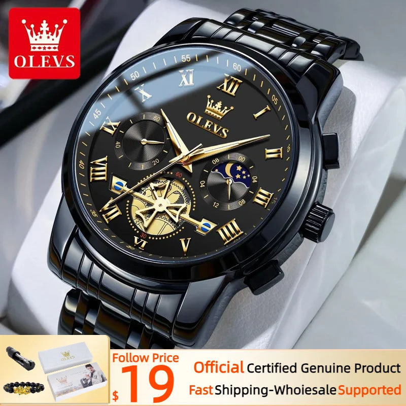 OLEVS Men’s Watch Analog Quartz Movement Business Stainless Steel Waterproof Luminous Chronograph Day Date Male Wrist Watches RISE DEFENSE SYSTEMS.AI PRODUCTS