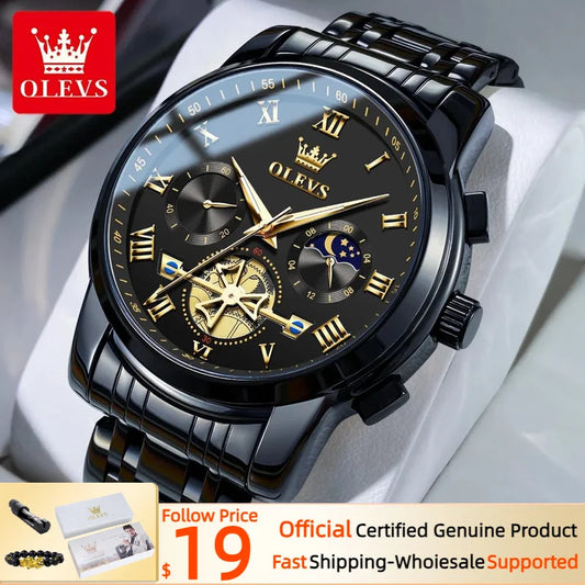 OLEVS Men’s Watch Analog Quartz Movement Business Stainless Steel Waterproof Luminous Chronograph Day Date Male Wrist Watches RISE DEFENSE SYSTEMS.AI PRODUCTS