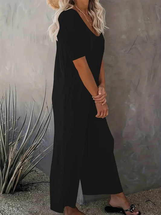 Summer Chic Solid Color Casual Jumpsuit Crew Neck Short Sleeve Wide Leg Long Pant with Pockets Versatile Outfit Women's Clothing RISE DEFENSE SYSTEMS.AI PRODUCTS