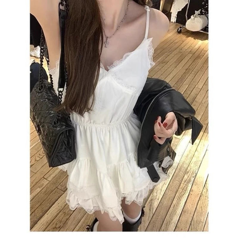HOUZHOU Sweet Lace Mini Coquette Aesthetic Dress Women Korean Sexy One Piece Short Sleeveless Elegant Party Dresses Y2k RISE DEFENSE SYSTEMS.AI PRODUCTS