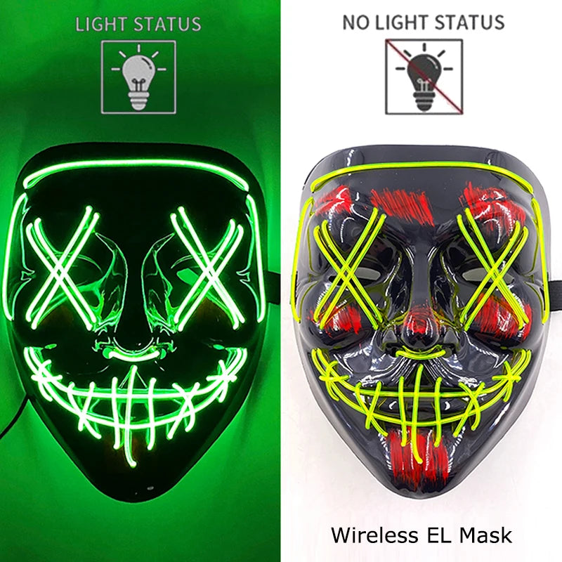 Wireless Neon LED Purge Mask Glow in The Dark Cosplay Horror Mask Halloween Masquerade Party Masks Glowing Funny Dress Up RISE DEFENSE SYSTEMS.AI PRODUCTS