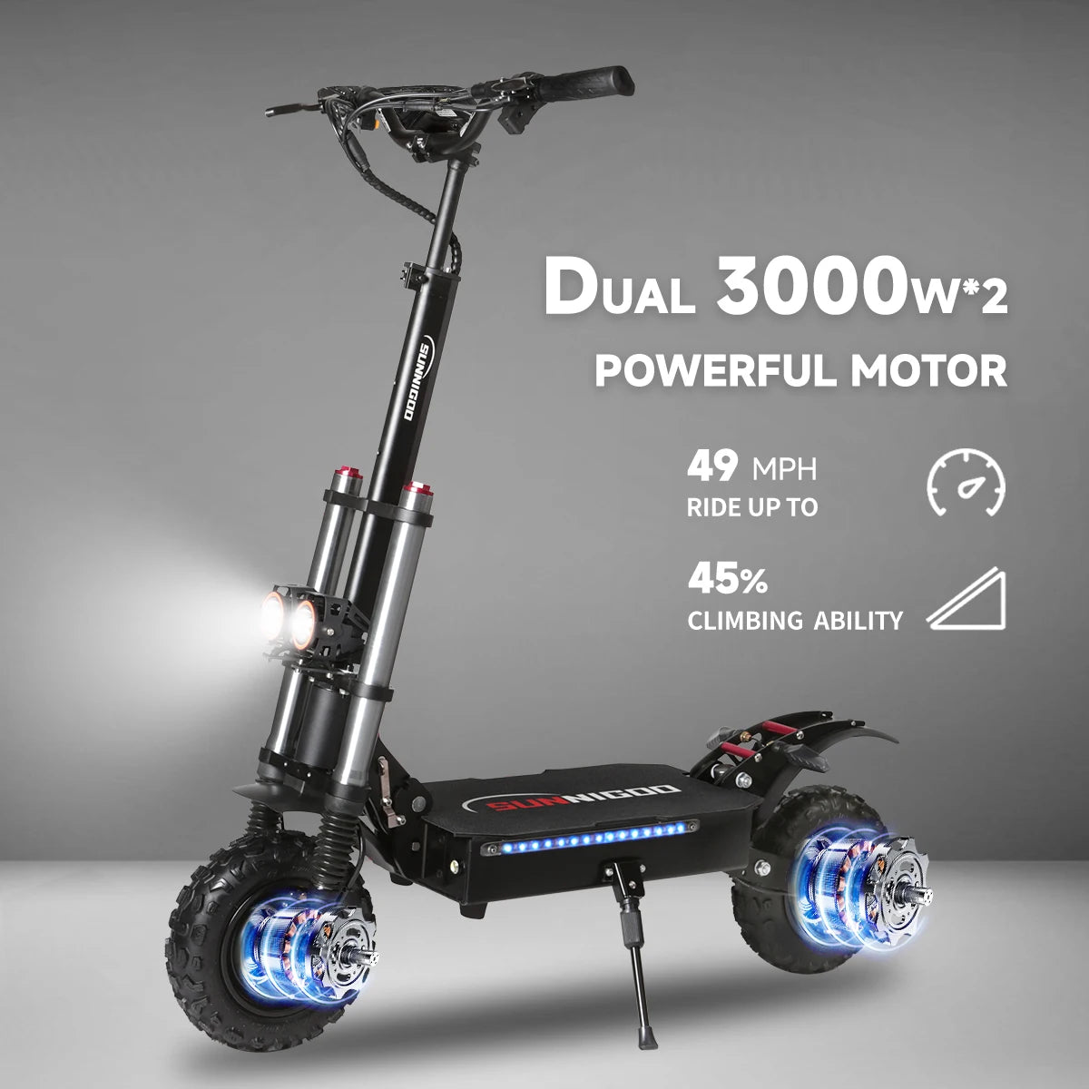 SUNNIGOO 50Mph Fast Electric Scooter for Adults Off Road Tire 6000W Powerful Dual Motor Hydraulic Suspension Electric Scooter RISE DEFENSE SYSTEMS.AI PRODUCTS