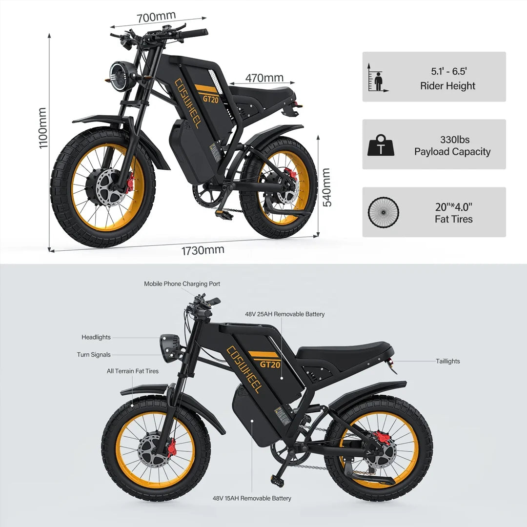 Coswheel GT20 Pro 1500/3000W Electric bike 48V 25ah/40AH Mountain bikes Electric Off Road Bike Fat Tires Motorcycle Ebike RISE DEFENSE SYSTEMS.AI PRODUCTS