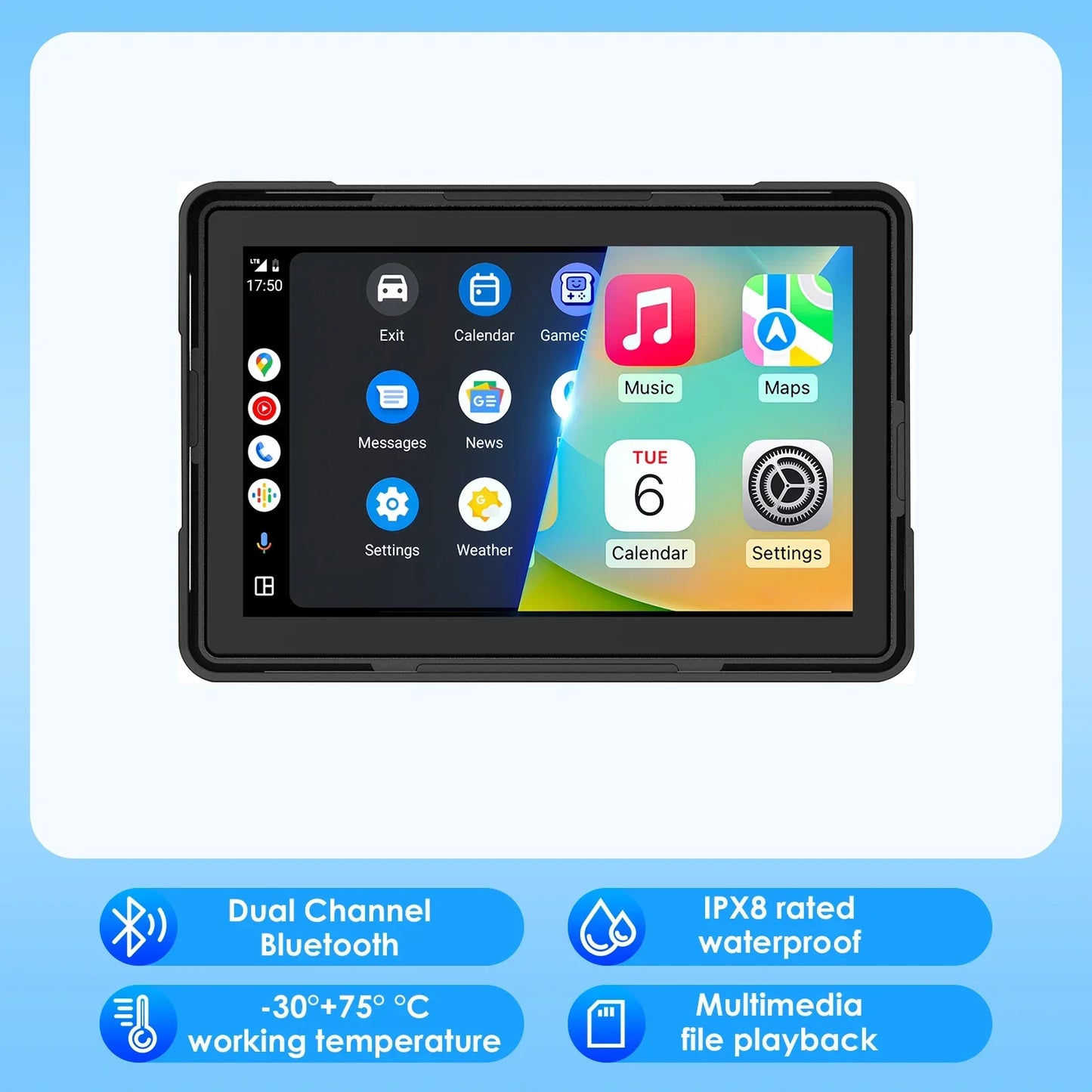 5“ 6.25” Waterproof Motorcycle Navigation Display Screen Portable Motorcycle Monitor Bluetooth Wifi Android Auto Apple Carplay RISE DEFENSE SYSTEMS.AI PRODUCTS