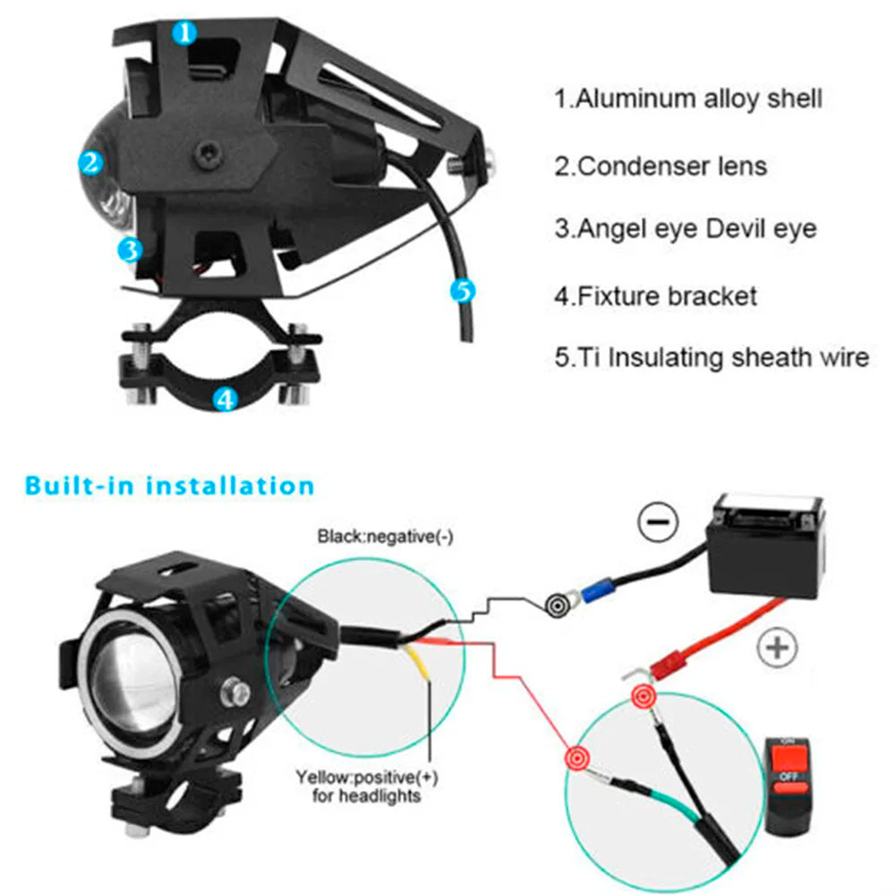 LED headlight for motorcycle Cree LED Angel Eyes DHO U7, strobe light for motorcycle with tube mount RISE DEFENSE SYSTEMS.AI PRODUCTS
