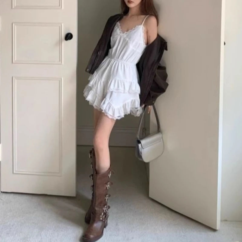 HOUZHOU Sweet Lace Mini Coquette Aesthetic Dress Women Korean Sexy One Piece Short Sleeveless Elegant Party Dresses Y2k RISE DEFENSE SYSTEMS.AI PRODUCTS