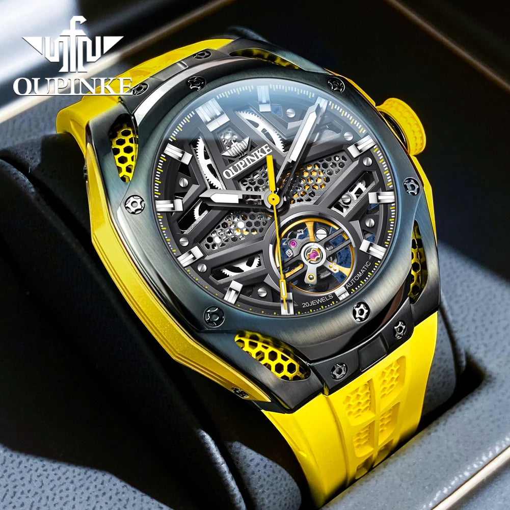 OUPINKE 9003 Hollow Automatic Mechanical Watch For Men Skeleton Flywheel Sport Men's Watches Silicone Strap Original Hand Clock RISE DEFENSE SYSTEMS.AI PRODUCTS