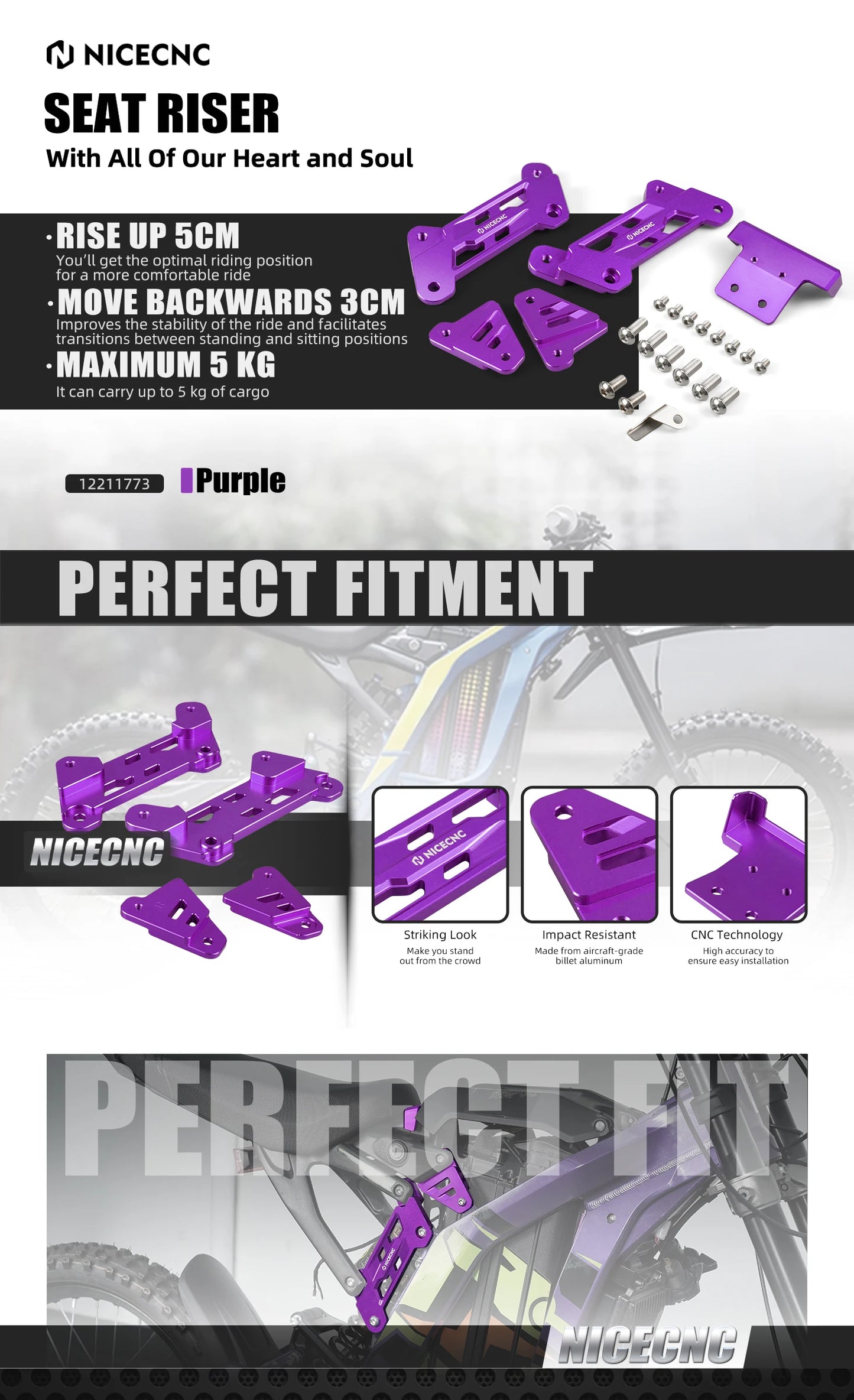 For Surron Light Bee X S L1E NICECNC Electric Dirt Bike 50MM Seat Riser Surron Light Bee X Aluminum Heighten Raise Bracket Kit RISE DEFENSE SYSTEMS.AI PRODUCTS