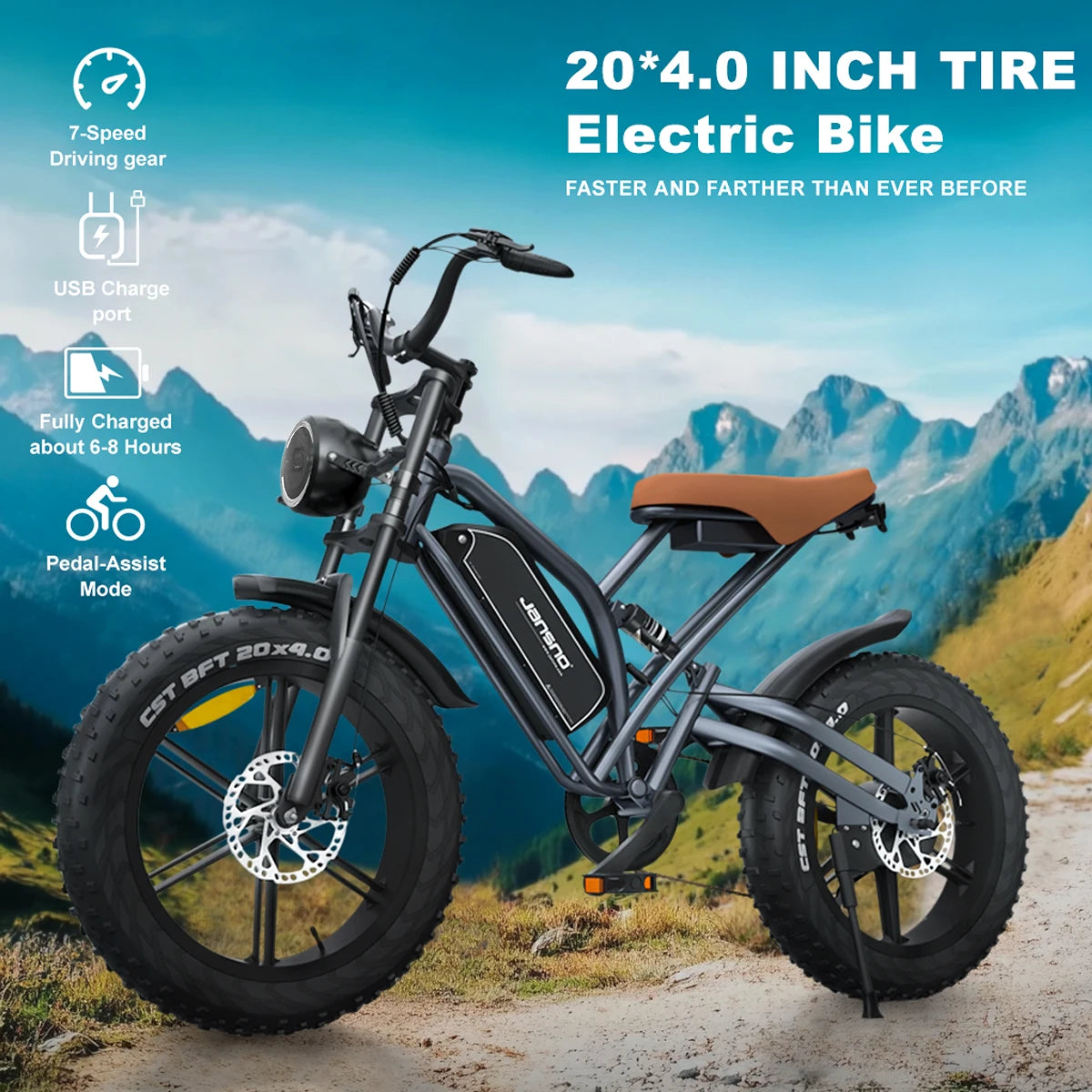 Adults Electric Bike JANSNO X50 750W 48V14AH Removable batteries Fat Tire 20"*4 Off Road Mountain Ebike 25MPH Moped Style Ebike RISE DEFENSE SYSTEMS.AI PRODUCTS