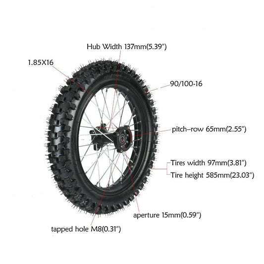 90/100-16 Rear Wheel Tire, 16" Rear Wheel Rim Tire Assembly W/Bolt & Sprocket for For Dirt Pit Bike TTR125 KX100 CRF100 Apollo RISE DEFENSE SYSTEMS.AI PRODUCTS