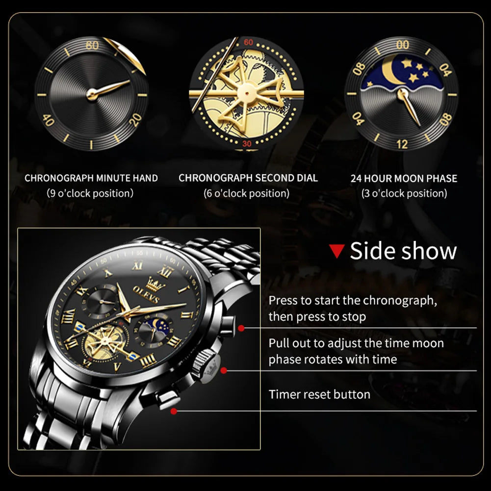 OLEVS Men’s Watch Analog Quartz Movement Business Stainless Steel Waterproof Luminous Chronograph Day Date Male Wrist Watches RISE DEFENSE SYSTEMS.AI PRODUCTS