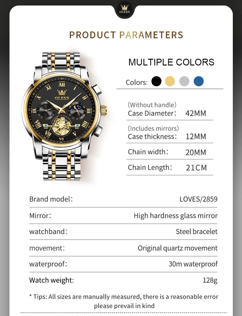 OLEVS Men’s Watch Analog Quartz Movement Business Stainless Steel Waterproof Luminous Chronograph Day Date Male Wrist Watches RISE DEFENSE SYSTEMS.AI PRODUCTS