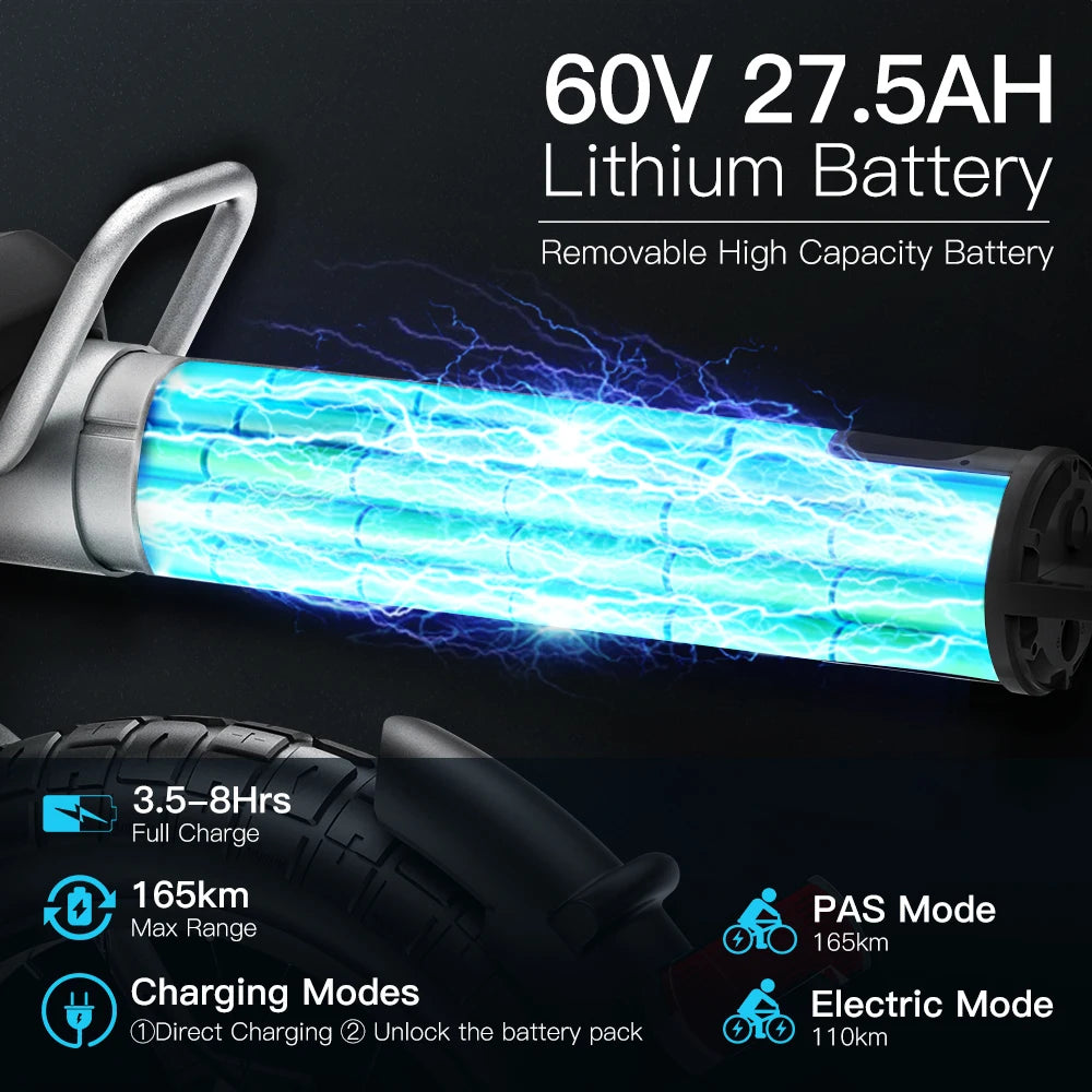 Adult Electric Bike CT20S 2000W Motorcycle electric bicycle 93km/h Speed ebike 20*5.0inch Fat Tire 60V 27.5AH Mountain dirt bike RISE DEFENSE SYSTEMS.AI PRODUCTS