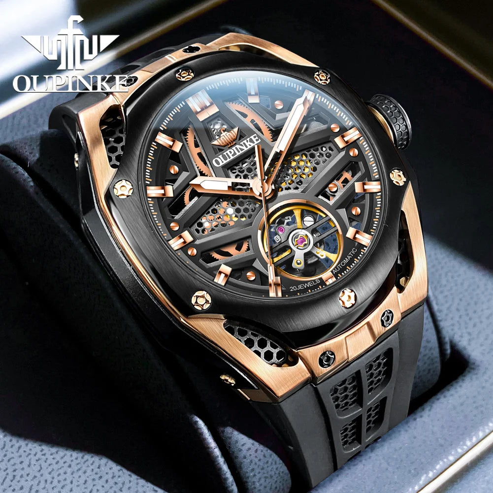 OUPINKE 9003 Hollow Automatic Mechanical Watch For Men Skeleton Flywheel Sport Men's Watches Silicone Strap Original Hand Clock RISE DEFENSE SYSTEMS.AI PRODUCTS