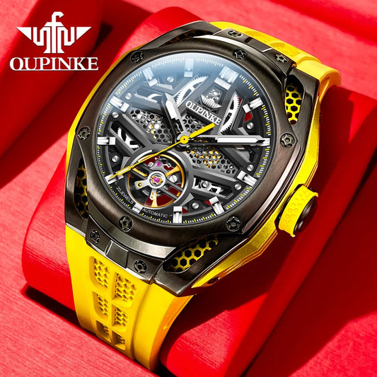 OUPINKE 9003 Hollow Automatic Mechanical Watch For Men Skeleton Flywheel Sport Men's Watches Silicone Strap Original Hand Clock RISE DEFENSE SYSTEMS.AI PRODUCTS