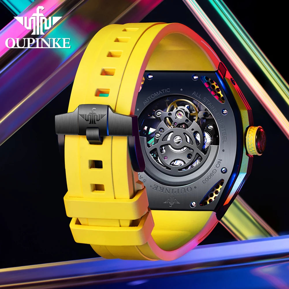 OUPINKE 9003 Hollow Automatic Mechanical Watch For Men Skeleton Flywheel Sport Men's Watches Silicone Strap Original Hand Clock RISE DEFENSE SYSTEMS.AI PRODUCTS