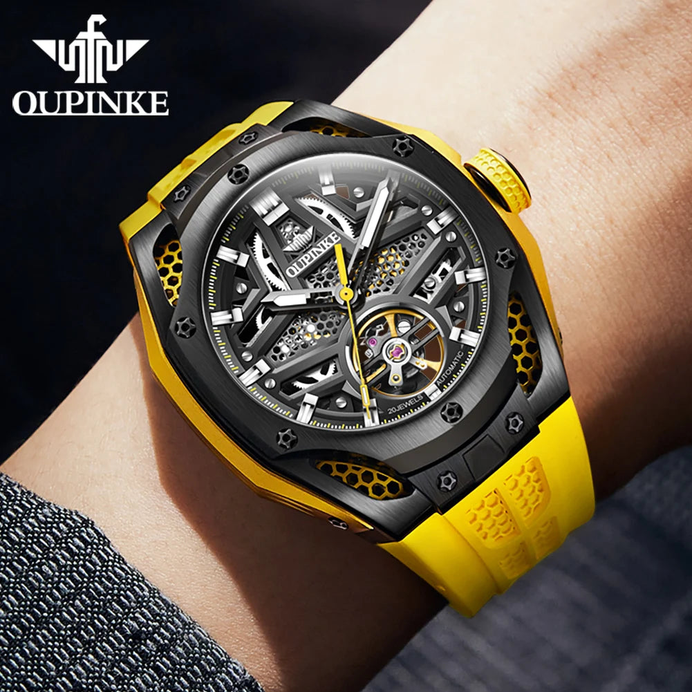 OUPINKE 9003 Hollow Automatic Mechanical Watch For Men Skeleton Flywheel Sport Men's Watches Silicone Strap Original Hand Clock RISE DEFENSE SYSTEMS.AI PRODUCTS