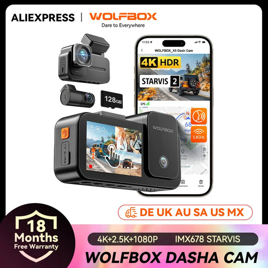 WOLFBOX X5 3 Channel 4K Dash Cam STARVIS 2 IMX678 4K+2.5K Front and Rear Inside Triple Car Camera 5.8GHz WiFi Mirror Car DVR RISE DEFENSE SYSTEMS.AI PRODUCTS