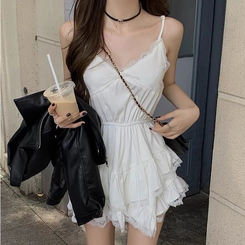 HOUZHOU Sweet Lace Mini Coquette Aesthetic Dress Women Korean Sexy One Piece Short Sleeveless Elegant Party Dresses Y2k RISE DEFENSE SYSTEMS.AI PRODUCTS