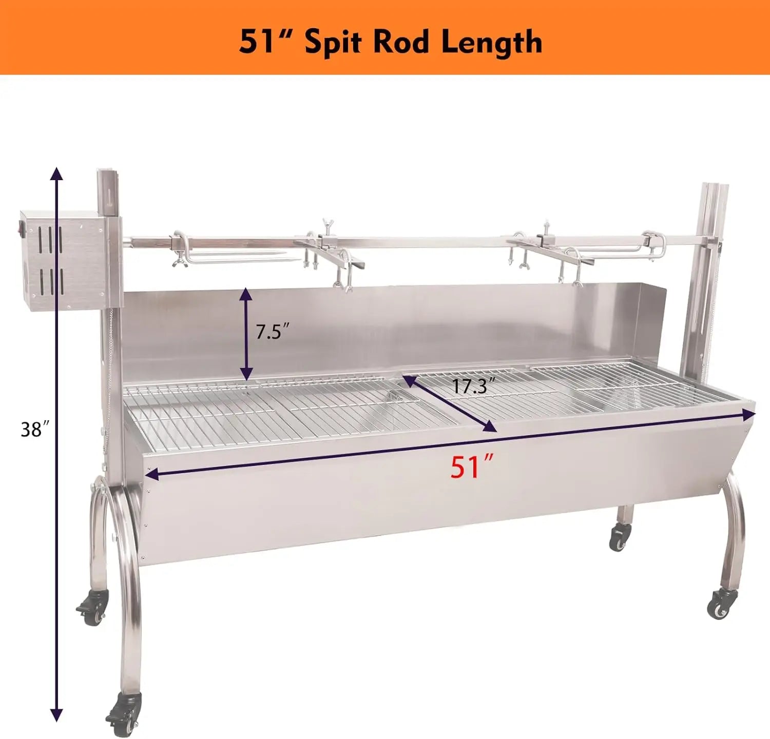 Wind Screen Roaster 51 Inch BBQ Outdoor Pig Lamb Rotisserie Roaster 132LBS/60KG Stainless Steel Charcoal Spit Rotisserie Roaster RISE DEFENSE SYSTEMS.AI PRODUCTS