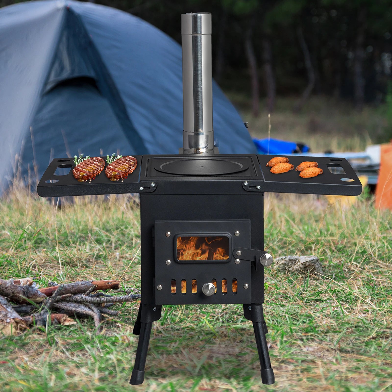 57.5*31*37cm black wrought iron panel with chimney camping stove N001 RISE DEFENSE SYSTEMS.AI PRODUCTS