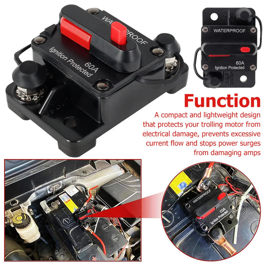 60Amp Circuit Breaker Waterproof Car Circuit Breaker DC12-48V Auto Fuse Reset Switch for Car Audio Amplifier Truck Boats RV RISE DEFENSE SYSTEMS.AI PRODUCTS