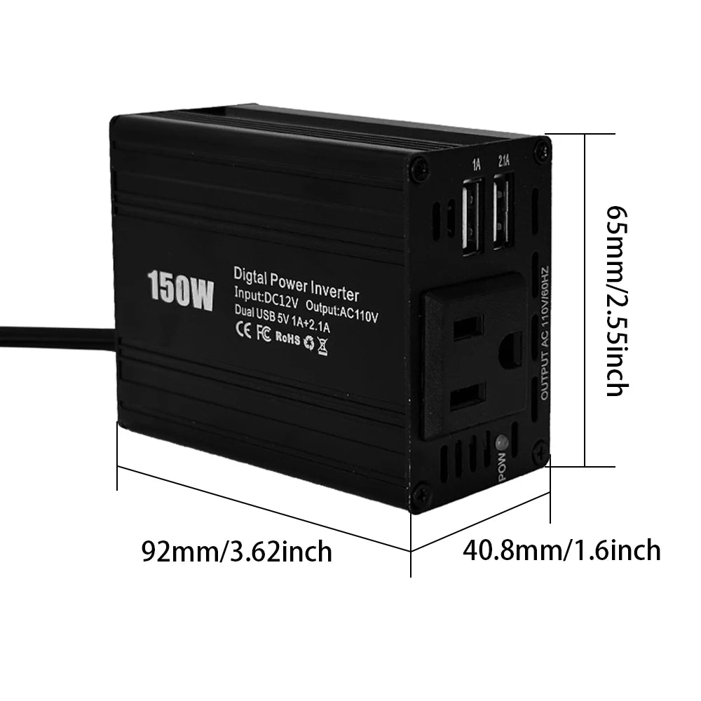 150W DC to AC Power Converter DC 12V to 110V AC Car Inverter Automatic Transformer With Dual USB US Socket Car Adapter Dropship RISE DEFENSE SYSTEMS.AI PRODUCTS