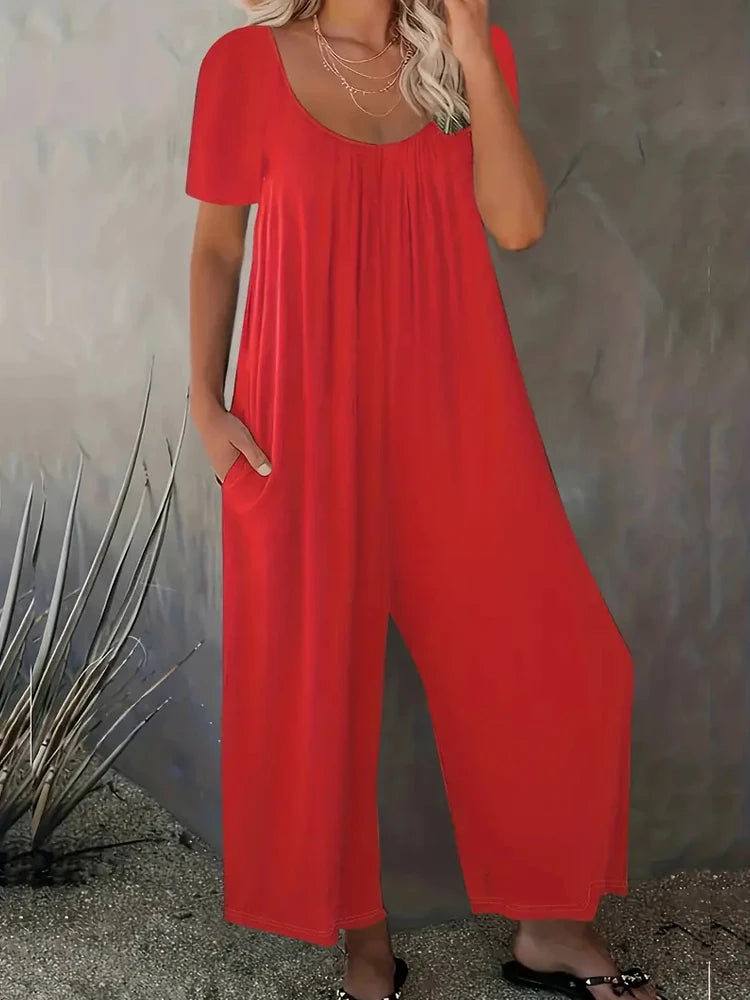 Summer Chic Solid Color Casual Jumpsuit Crew Neck Short Sleeve Wide Leg Long Pant with Pockets Versatile Outfit Women's Clothing RISE DEFENSE SYSTEMS.AI PRODUCTS