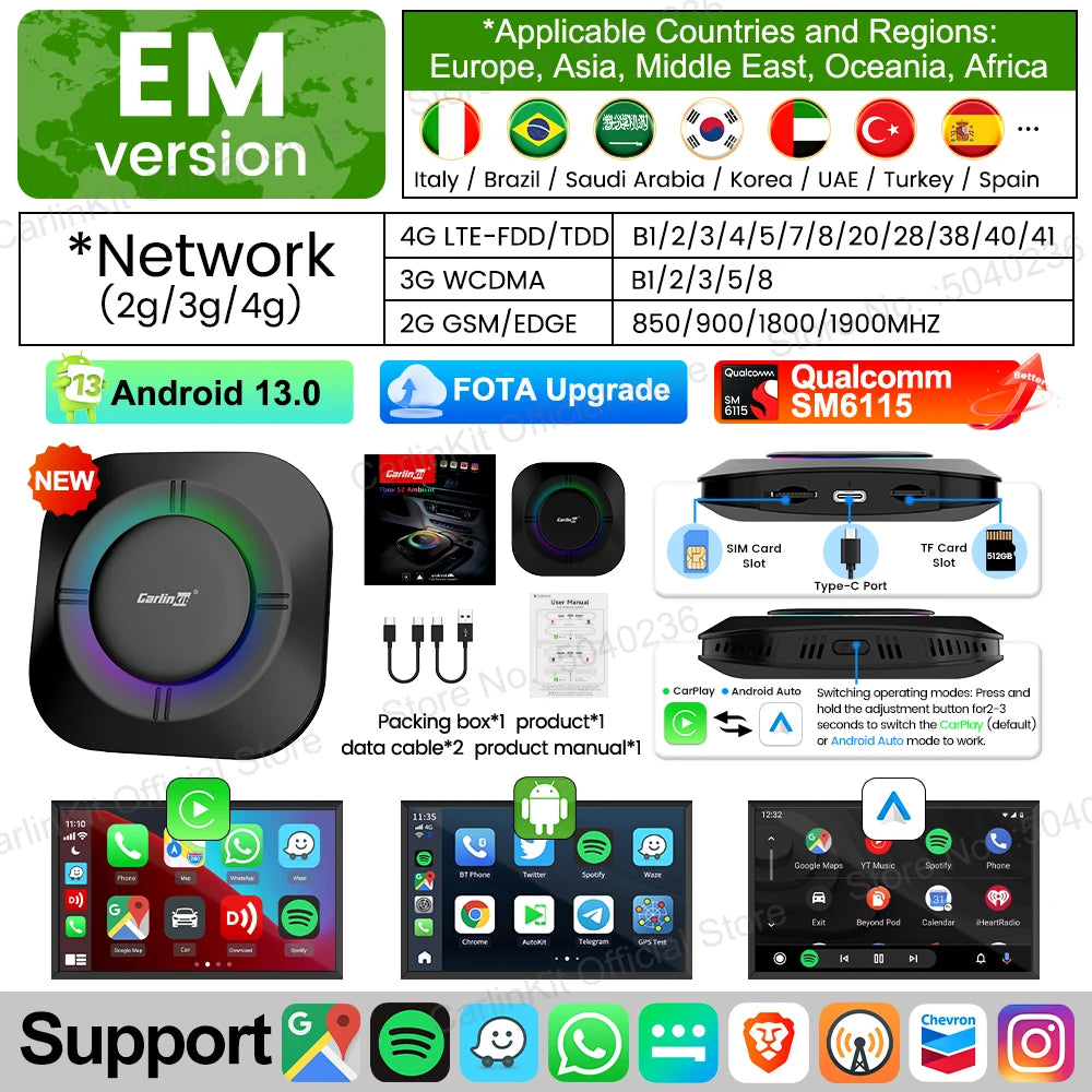 2024 NEW CarPlay AI Box LED Android 13 SM6115 8-Core CPU 5G WiFi BT GPS For Netflix Wireless Android Auto CarPlay Smart TV Box RISE DEFENSE SYSTEMS.AI PRODUCTS