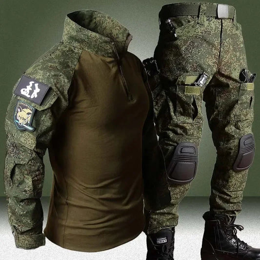RU Camo Tactical Sets Men Outdoor Breathable Long Sleeve T Shirts+Multi-pocket Straight Cargo Pant 2Pcs Suit Training Combat Set RISE DEFENSE SYSTEMS.AI PRODUCTS
