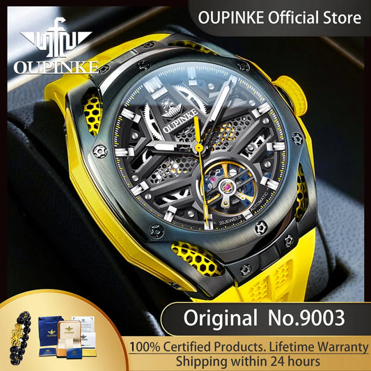 OUPINKE 9003 Hollow Automatic Mechanical Watch For Men Skeleton Flywheel Sport Men's Watches Silicone Strap Original Hand Clock RISE DEFENSE SYSTEMS.AI PRODUCTS