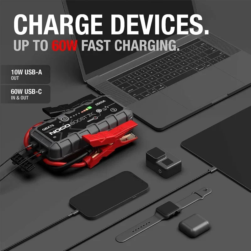 Qwnoco boostxgbx75 2500a 12v ultrasafe portable lithium jump starter, car battery booster pack, USB-C powerbank charger, and Fri RISE DEFENSE SYSTEMS.AI PRODUCTS