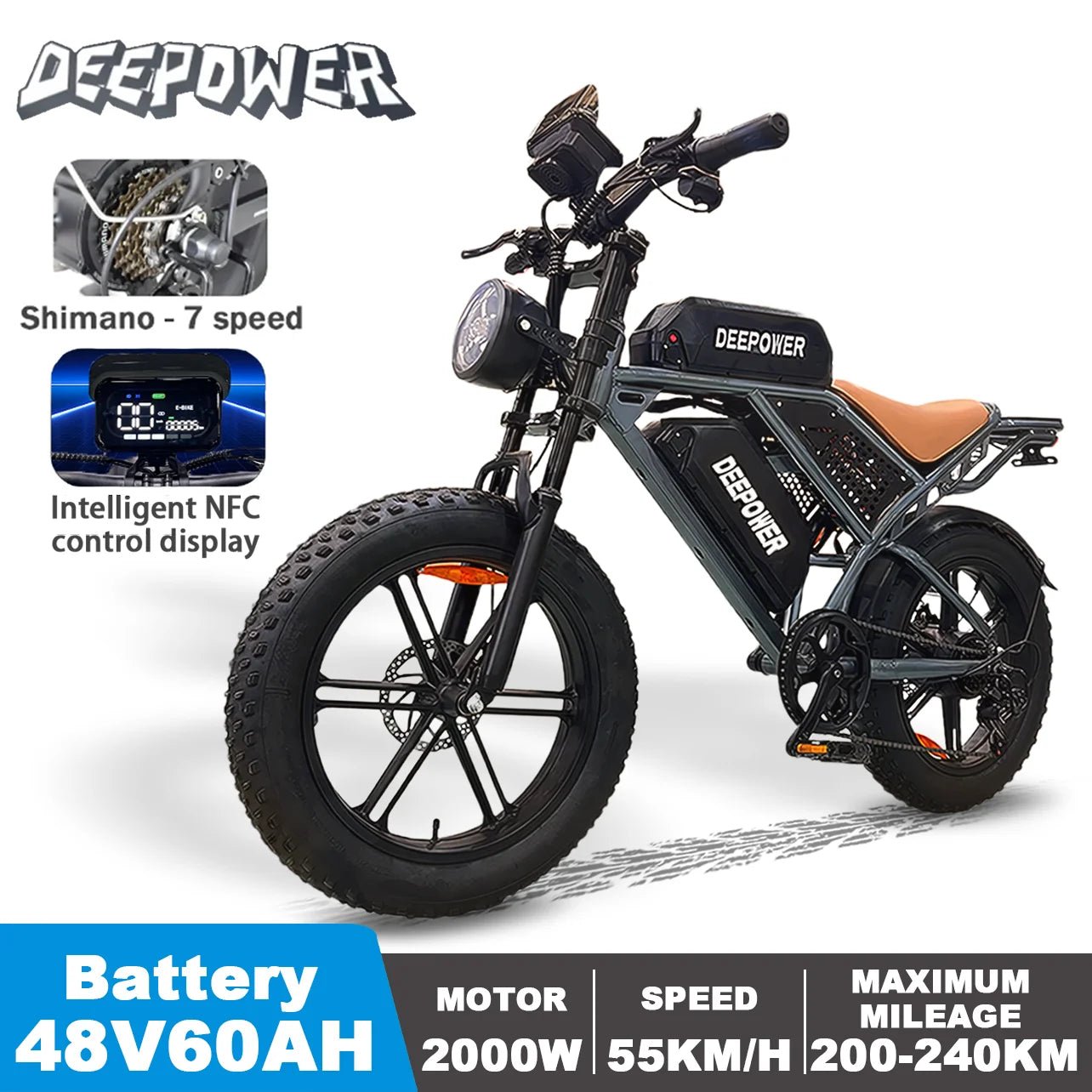DEEPOWER S7 2000W Electric bike 48V 60AH 20Inch Fat Tire Electric bicycle Outdoor Adult Off - Road Bicycle Mountain Ebike - RISE DEFENSE SYSTEMS.AI PRODUCTS