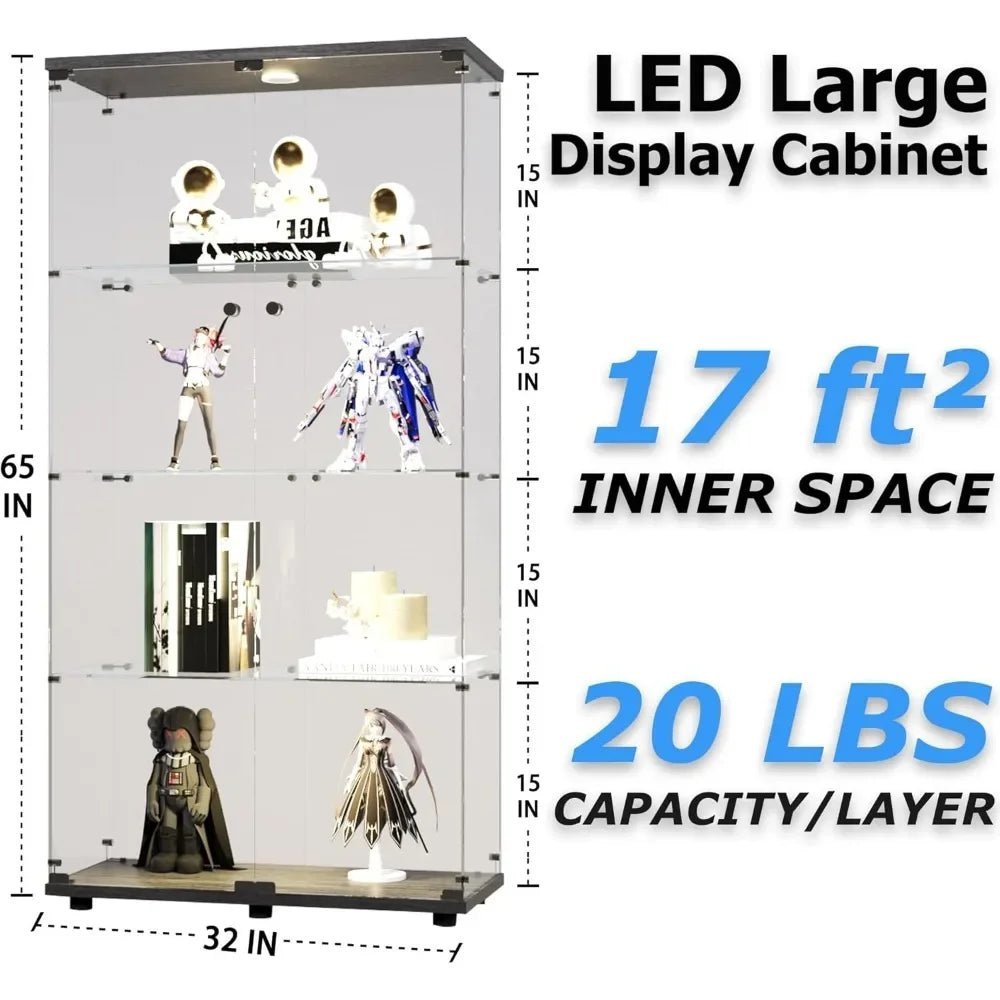 Display Cabinet, 64.5" H 4 - Shelf LED Lights Glass Display Cabinet with Double Door, Modern Curio Cabinet Collection Display Case - RISE DEFENSE SYSTEMS.AI PRODUCTS