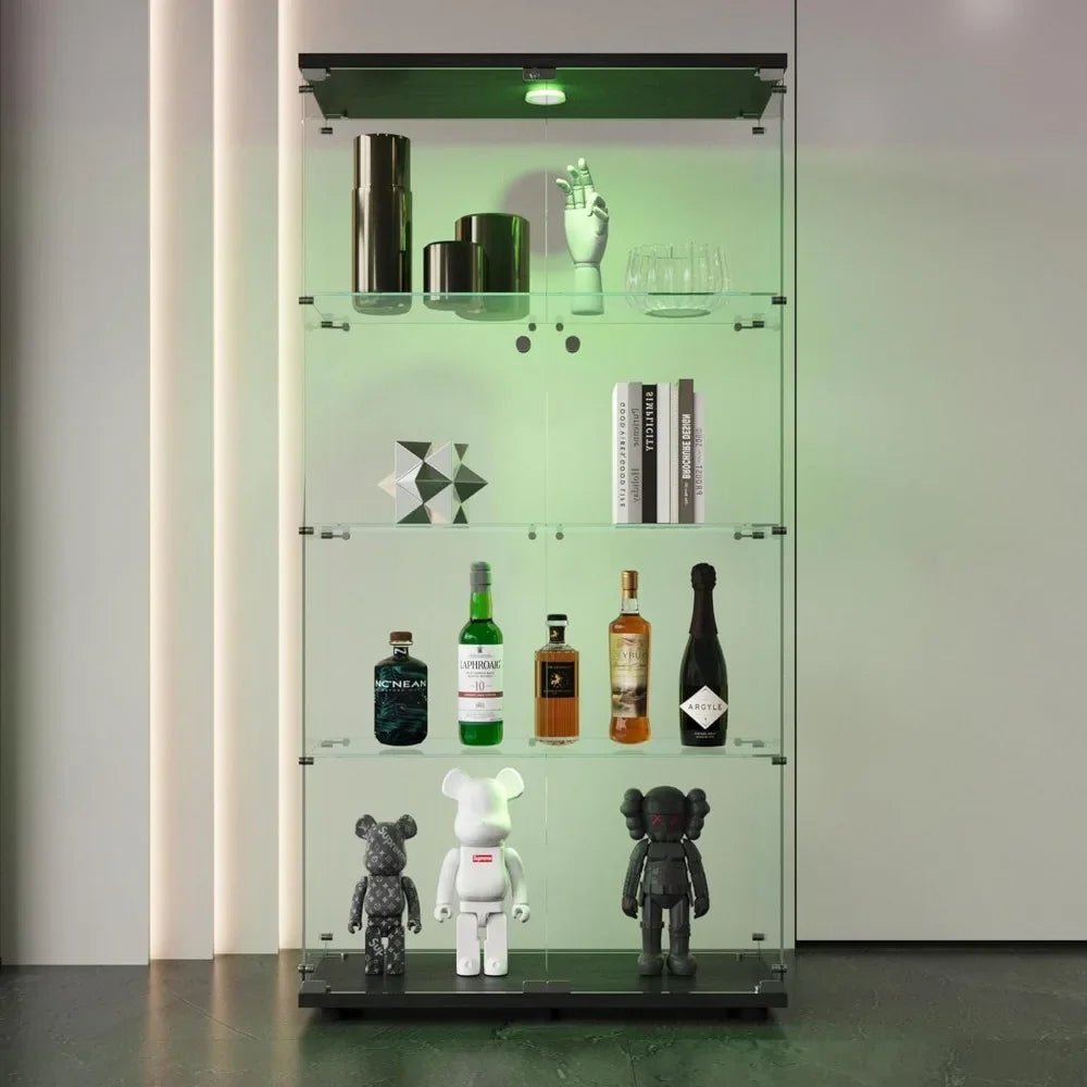 Display Cabinet, 64.5" H 4 - Shelf LED Lights Glass Display Cabinet with Double Door, Modern Curio Cabinet Collection Display Case - RISE DEFENSE SYSTEMS.AI PRODUCTS